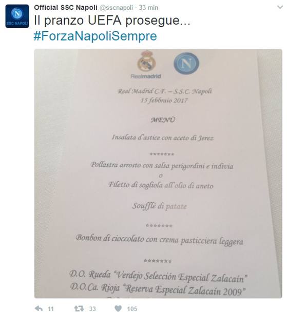 Il Napoli twitta il menù del pranzo Uefa tra le società.
